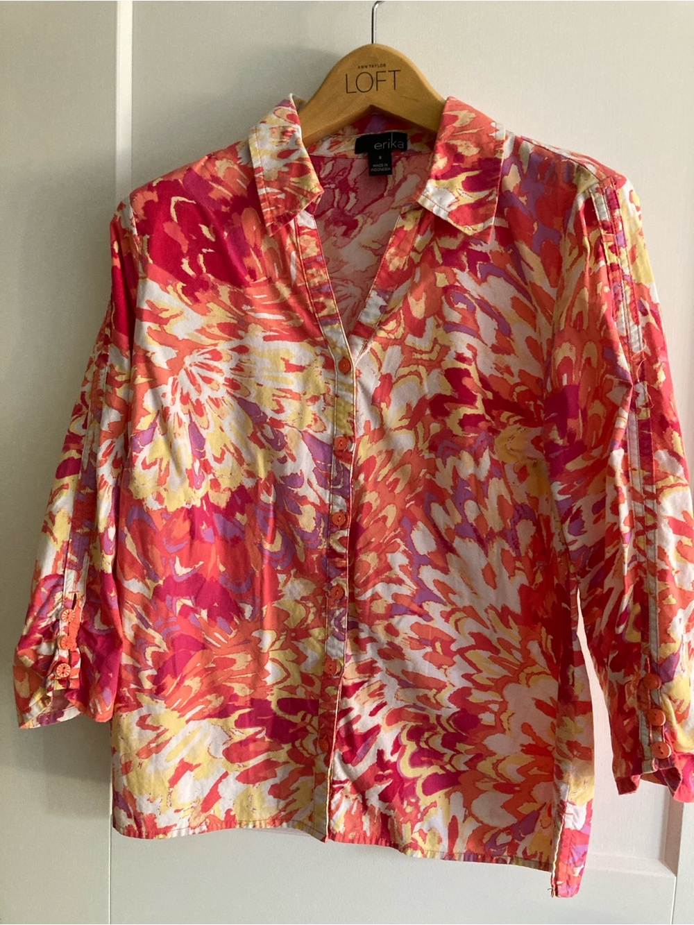 Erika Multicolor Floral Button-Down Shirt in Pink, Orange & Yellow